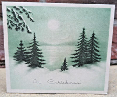 Vintage gebrauchte Weihnachtsgrußkarte Wald Schnee Sonnenlicht 1940er Jahre (EB10239)