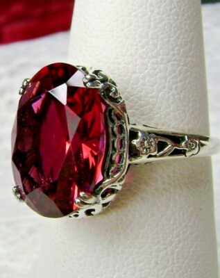 Ruby Ring, 5ct Simulated Gem, Silver Floral Edwardian Filigree D70 (Custom Made)