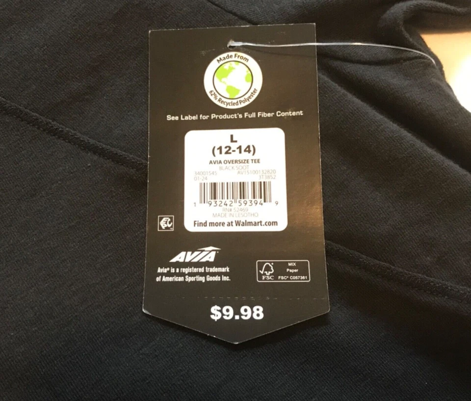 AVIA NUEVA CAMISETA NEGRA OVERSIZE TALLA L 12/14 CORTA SLV POLI/ALGODÓN/SPANDEX NUEVA CON ETIQUETAS Foto 4 de 4