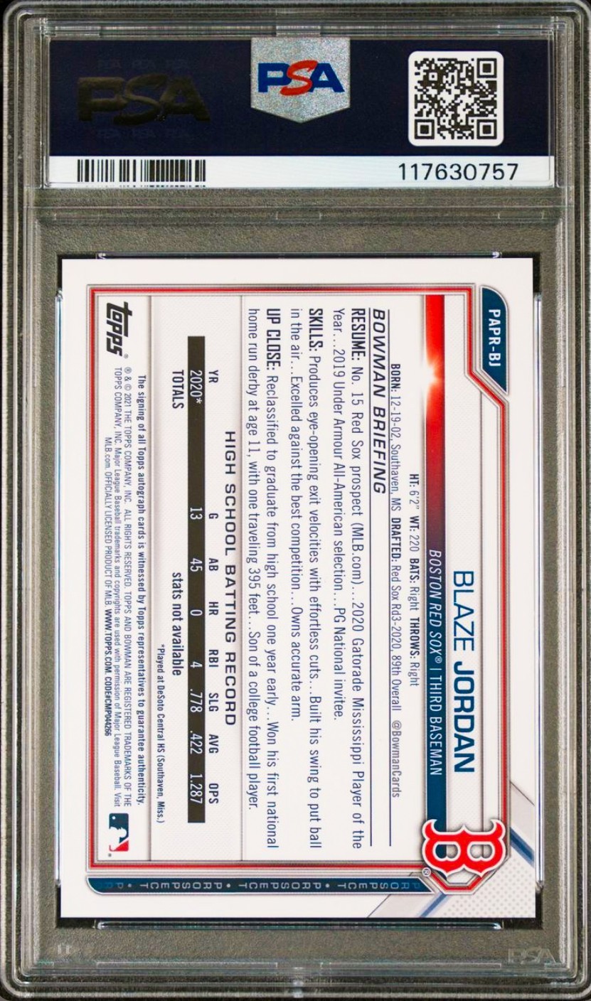 2021 Bowman - Blaze Jordan / Red Sox (1st) #PAPR-BJ - Prospect AUTO PSA 10 view 2