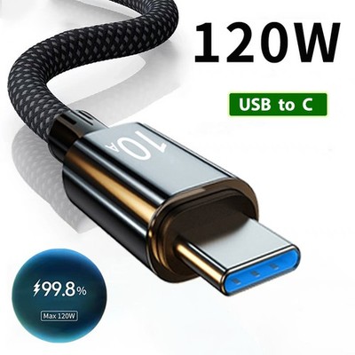 120W Braided Cable Phone Fast Lead Charger USB to Type-C Black Wire 10A