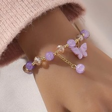 Purple Butterfly Charm Beaded Stretch Bracelet Multicolour Round Charm Jewelry