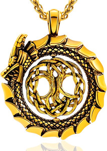 Authentic Nordic Viking Dragon Necklace 18K Gold Plated Pendant Yggdrasil Gifts Men Women