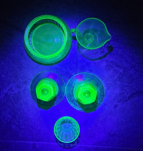 Uranium Glass Green 5 Piece Lot bowl candle holder Vintage Vaseline Depression
