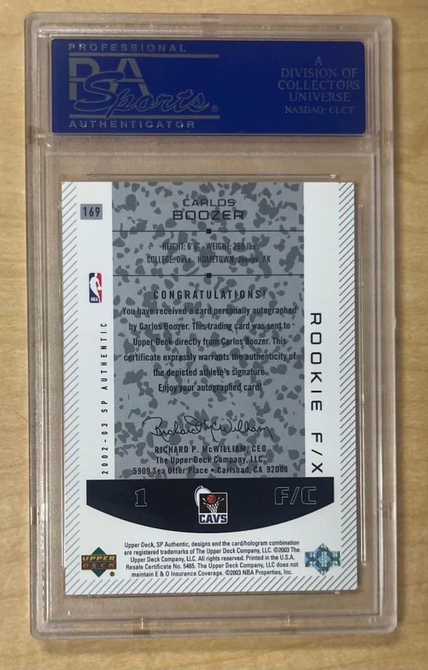 2002-03 SP подлинный #169 Carlos Boozer Auto RC /1500 дебютант F/X PSA 10 GEM новый - Изображение 2 из 2