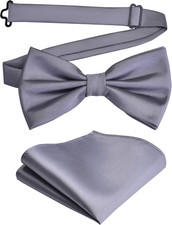 Mens Solid Color Double Fold Pre-tied Bow Tie and Pocket Square Set