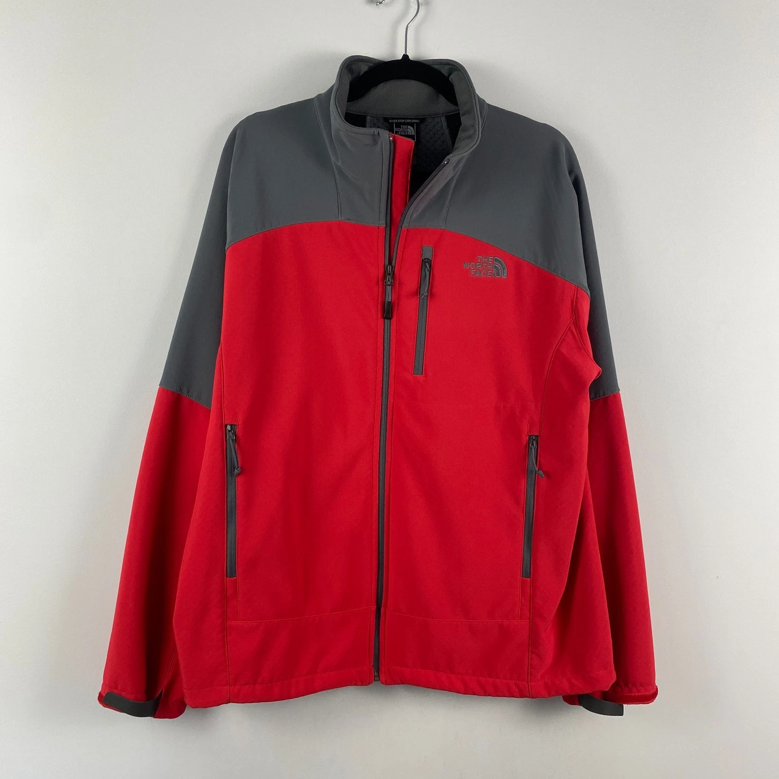 North Face Jacket Mens L Red Gray Sofshell Thermal Lightweight Coat Outdoors