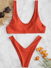 Scoop Neck High Cut Bikini Set or Rave Outfit in Burnt Orange Size M
