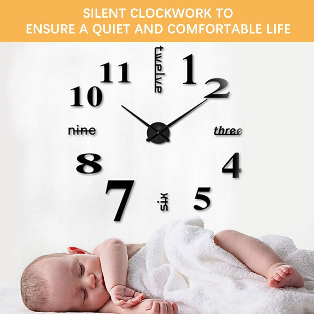 DIY Wall Clock Modern Large 3D Wall Clock Mirror Stickers Home Office Decor,S...