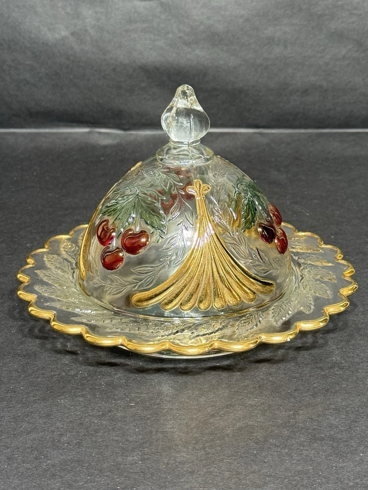 Antique Westmoreland LG Wright Cherry Wreathed Covered Glass Butter Dish Painted