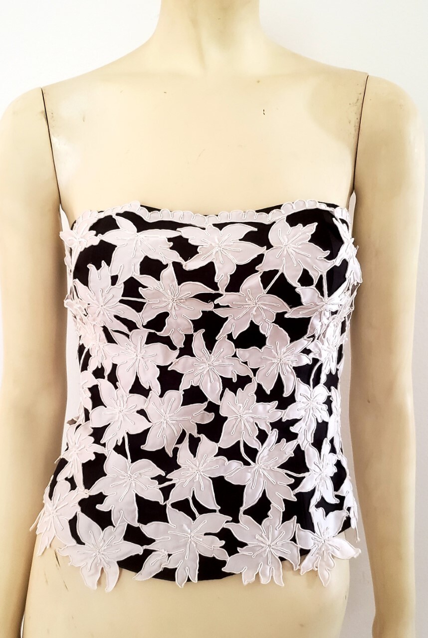 custom bustier strapless top S black white beaded Gem