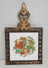 Vintage Footed Metal & Tile Trivet Copper Finish Colorful Vegetables Taiwan