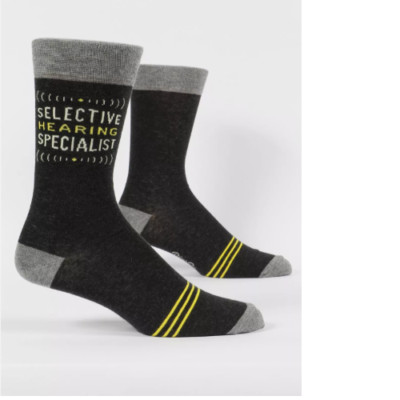 Blue Q Mens Crew Socks Selective Hearing Specialist Size 7-12 Black and Yellow