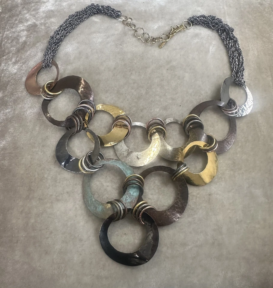 Women’s Handcrafted Bronze, Gold, Copper, Hammered Patina. Gun Metal Necklace 