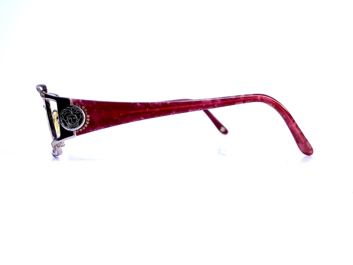 Versace Silver Rectangular Glasses Red Medusa Temples Italy 
