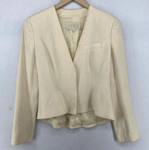 KRIZIA Blazer 38 Linen Jacket Hidden Button Leather Trim Off White Italy Vtg - Afbeelding 1 van 18
