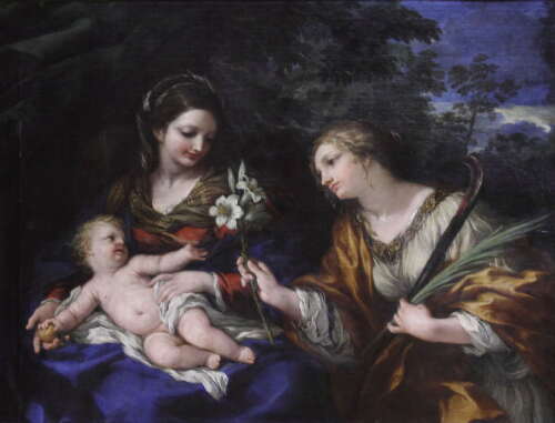 Pintura al óleo sobre lienzo"La virgen, el niño Cristo y San Martín "N12633 - Imagen 1 de 1