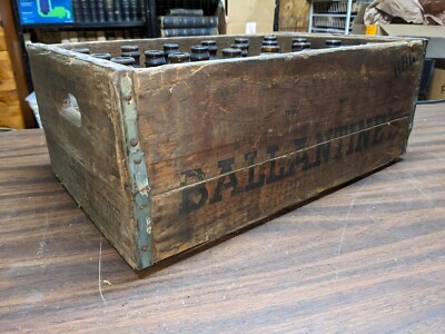 Vintage Wood Box of 1947 Ballantine Beer, 22 Glass Brown Bottles with Labels