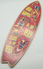 What Happens At The Beach Tiki Bar Surfboard Sign Wall Art Decor 16"x5"
