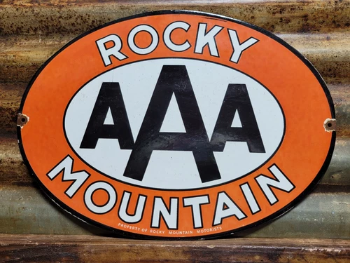 VINTAGE AAA ROCKY MOUNTAIN PORCELAIN SIGN MOTORISTS CAR AUTOMOBILE CLUB COLORADO