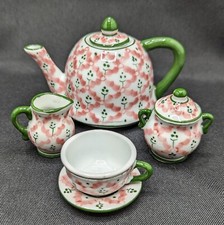 Miniature Tea Set Ceramic Porcelain Pink Green Tea Pot Cup Saucer Sugar Creamer