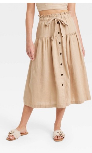 Women’s Tie Waist Button- Front Midi Skirt Universal Thread Tan XL - Picture 2 of 10