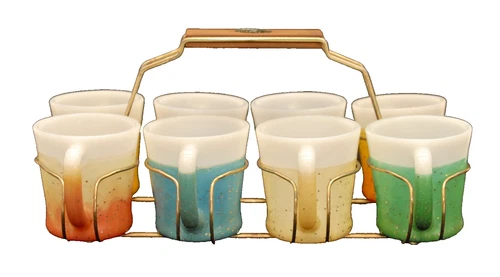 VINTAGE 1960's FIRE KING GLITTER MUGS SET OF 8 IN HOLDER