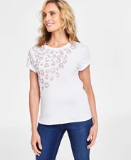 I.n.c. International Concepts Women's Cotton Animal-Embellished Tee, White Sz-L