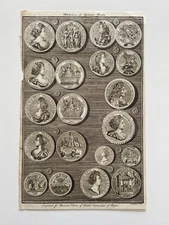  Antique Royalty Engraving – “Medals of Queen Mary” – 18th Century Historical