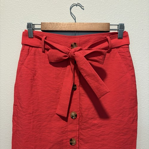 Ann Taylor Pencil Skirt Reddish Orange Button Front Tie Waist Size 2P - Picture 2 of 11