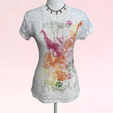 vintage y2k sheer white fairy boho giraffe zoo tattoo graphic top M/L flawed