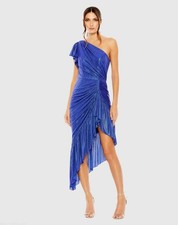 Mac duggal Size Small 27075 Blue Metallic One Shoulder Flutter Sleeve Dress NWT