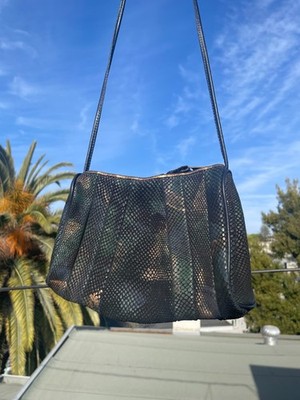 Sven Design Snakeskin Shoulder Bag Metallic Green Bronze Leather Purse Pleated
