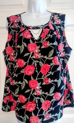 LOVE SCARLETT Black Sleeveless Top W/ Red Rose Print And Silver Chain Women's...
