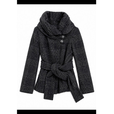 ZARA BASIC Women s Herringbone Belted Wrap Coat w/ Hood Gray Black Size M