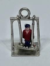 Vintage JMF Enamel Boy on Swing that Moves Mechanical Sterling Bracelet Charm