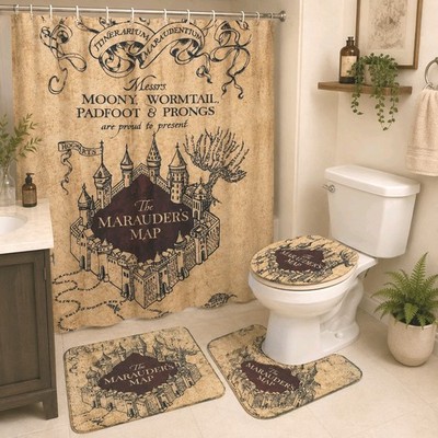 4 Pc Harry Potter Marauders Map Bathroom Set Shower Curtain Toilet Cover & 2 Rug