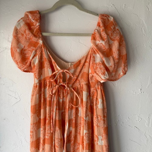Oliviaceous NWT Size M Orange Tie Plaid Puff Sleeve Babydoll Dress Sundress - Bild 2 von 10