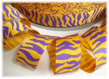 7/8 PURPLE YG GOLD ZEBRA STRIPE GROSGRAIN RIBBON 4 CHEER HAIRBOW BOW 