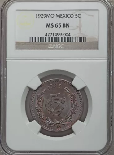 MEXICO ESTADOS UNIDOS  1929  5 CENTAVOS COIN CERTIFIED GEM UNCIRCULATED NGC MS65