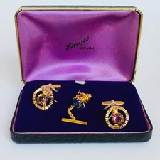 Emgee German Amethyst Purple Rhinestone Tie Clip Cuff Link Set w Box