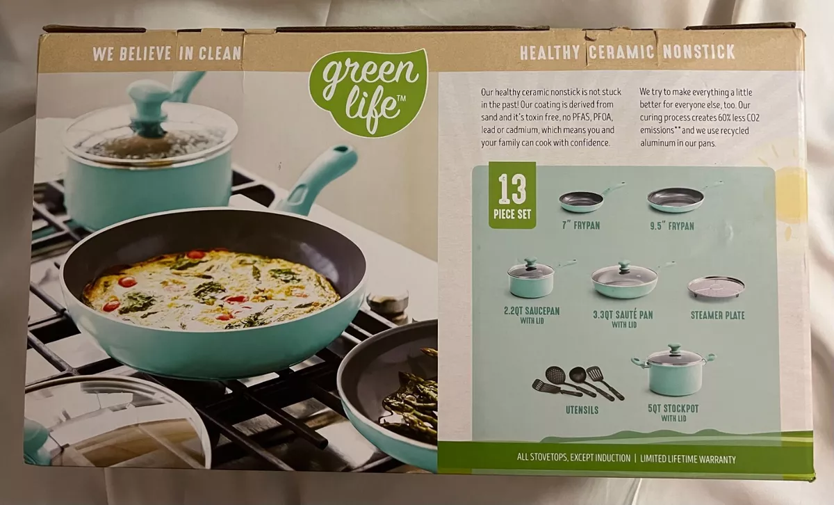 Greenlife Diamond Healthy Ceramic Extra Non-stick 13Pc Cookware Set  Turquoise