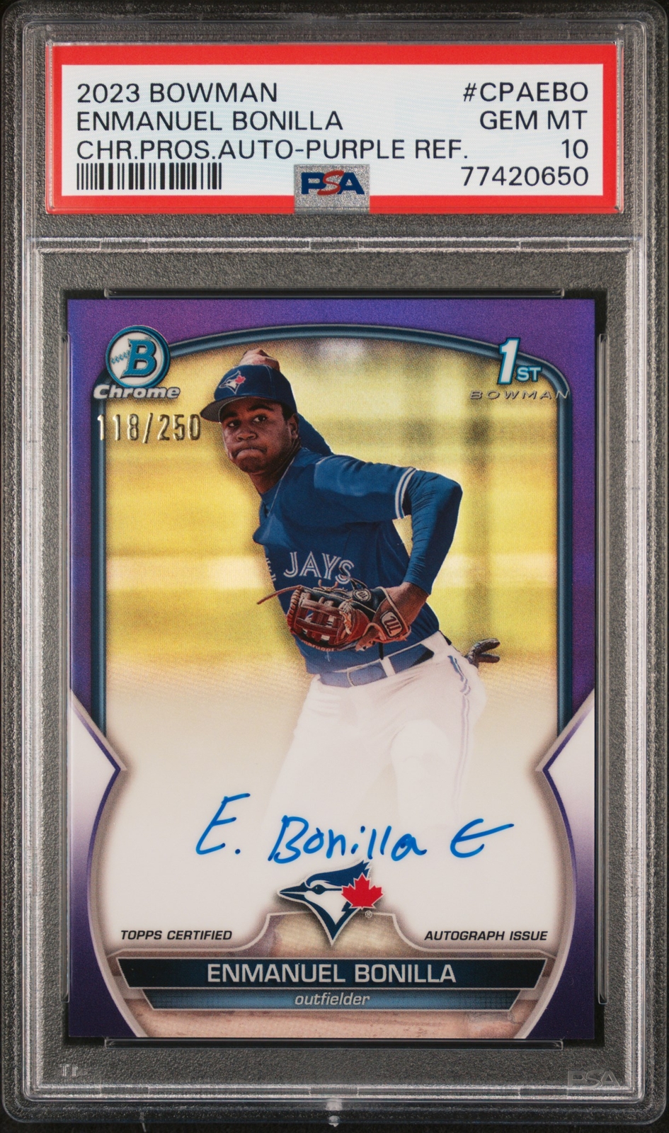 Enmanuel Bonilla 2023 Bowman Chrome Prospect Auto Purple 118/250 PSA 10 #CPAEBO