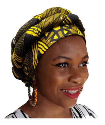 Black, yellow African Print Ankara Modu Hat Pre-tied Head wrap