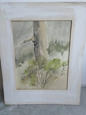 Vintage expressionist landscape trees watercolor painting 7x9 OOAK