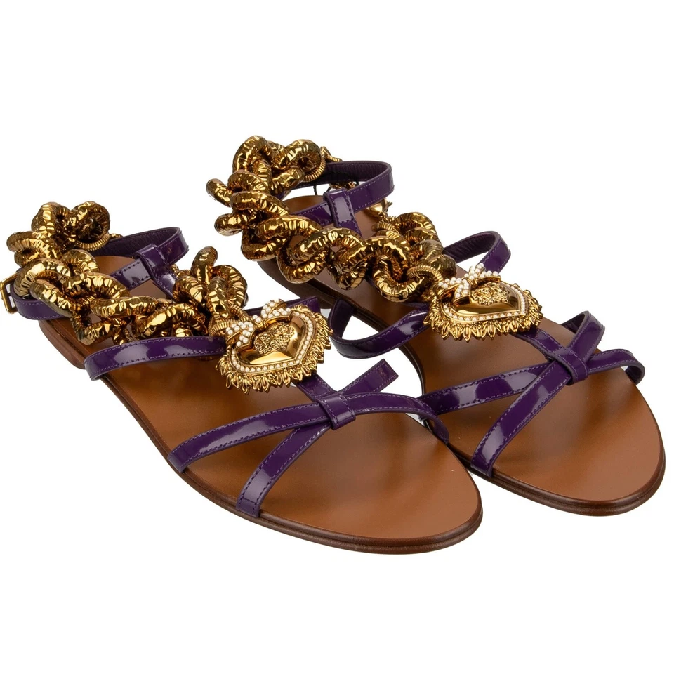 DOLCE & GABBANA DEVOTION Pearl Heart Leather Sandals Shoes BIANCA Chain Purple - Image 3 of 4