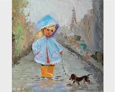 Girl with a Dog Original Oil painting Cityscape Paris 10x10 Impasto Elena Boyko