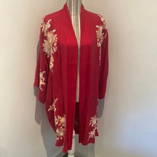 Stunning *biba* Cherry Red 100% Silk Hand Embroidery Kimono Jacket Gown Plus