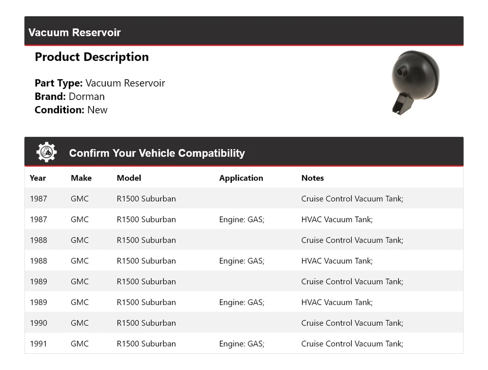 For 1987-1991 GMC R1500 Suburban Dorman Vacuum Reservoir 1988 1989 1990 - Image 2 of 4