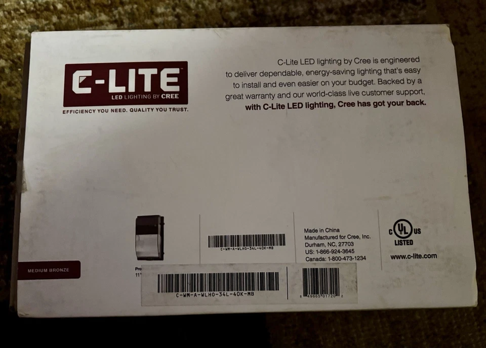 New in Box Cree C-Lite LED Wall Mount Light - Medium Bronze, 36W (Replaces 100W) - Image 2 of 2